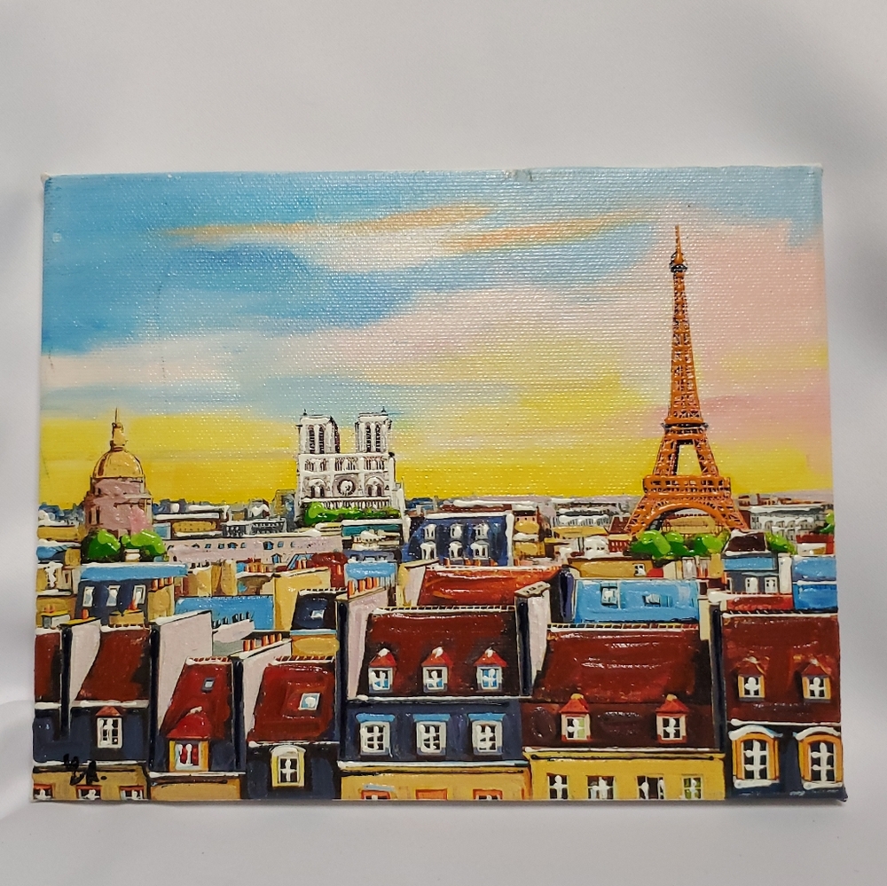 3 Paris Oil Paintings Eiffel Tower Notre-Dame Cathedral Place du Tertre 7.5x9.5 - Picture 5 of 11